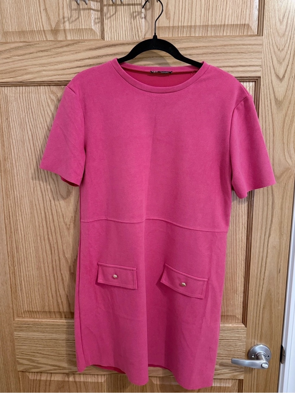 Zara Pink Short Sleeve Shift Dress with Front Flap Pockets